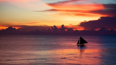 sailboat on a lonely sea at sunset - clouds, sea, sunset, sailboat