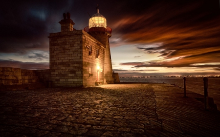 beautiful stone lighthouse at twilight hdr - stone, lighthouse, light, twilight, bay