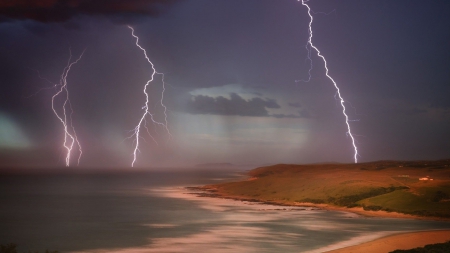 awesome coastal lightning - clouds, rain, lightning, sea, coast