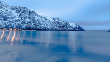 frozen lake at dusk - frozen, lights, lake, dusk, mountain