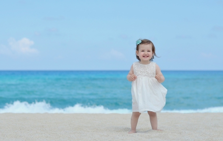 Smile Baby - beach, sky, girl, summer, wave, baby, children, mood, smile, sea, sand, dress