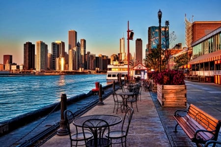 Pier Sunrise - graphics - Chicago - sunrise, city, Chicago, pier