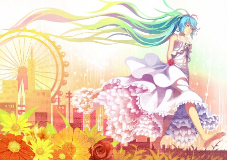 ~Summer Fair~ - hatsune miku, ferris wheel, long hair, summer, barefoot, ponytails, vocaloid, anime, flowers, dress