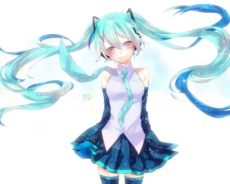 Rosy Cheeks - hatsune miku, skirt, stars, blue eyes, long hair, blue tie, ponytails, blue hair, vocaloid, anime, blush