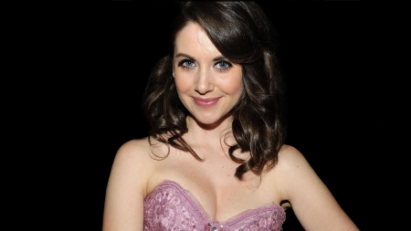 Alison Brie - brunettes, actress, alison brie, smiling, black background, cleavage