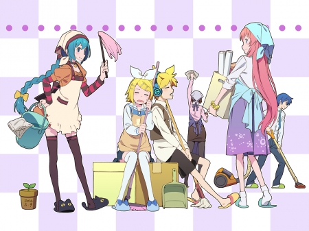 Wake Up You Two!!! - hatsune miku, cleaning, colorful, kaito, rin kagamine, vocaloid, megurine luka, anime, friends, len kagamine