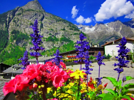 Village near Mont Blanc - sky, mountain, summer, lovely, rocks, nature, square, village, beautiful, flowers, resort, cliffs