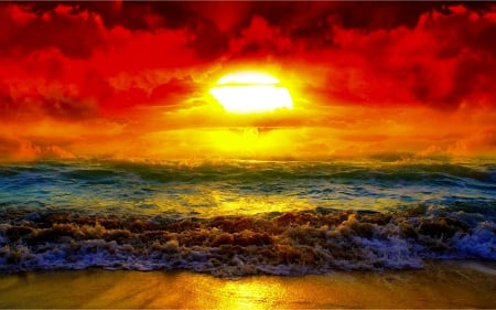 Golden Sunset - horizon, beach, golden, sunset, waves