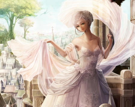 Maiden - beauty, nice, fantasy, elegant, angelic, gorgeous, pretty, house, fantasy girl, scene, maiden, lady, building, scenic, gown, lovely, divine, sublime, beautiful, scenery, sweet, dress