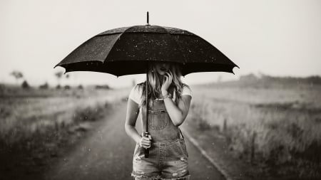 The rain is falling! - white, black, photo, rain day, girl, umbrella