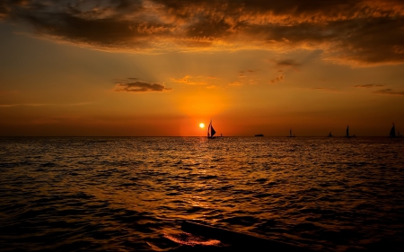 Sunset - sea, landscape, sunset, sailboat