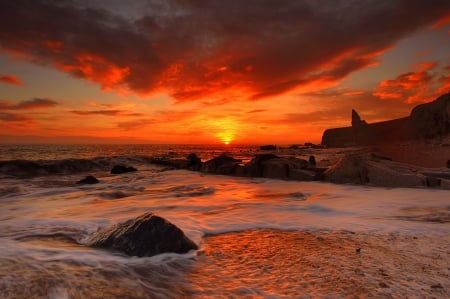 At sunset - beach, sunrise, sea, waves, rocks