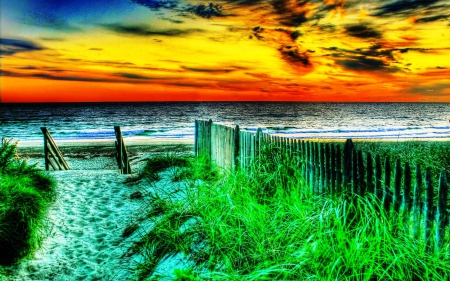 The Way to the Beach - sunset, se, beach, golden sky, evening, sun