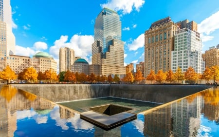 memorial waterfall in new york city - waterfalls, memorial, skyscrapers, city, sky