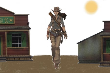 Cowgirl In Town - western, hats, anime, cowgirls, drawing, guns, art, town, fantasy, fun, female, boots