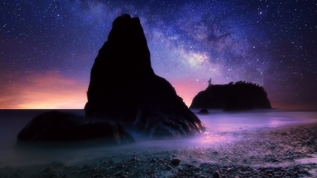 huge seashore boulders under starry sky - shore, sea, night, stars, rocks, sky