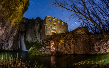 superb ruins under starry sky in spain - river, lights, falls, night, stars, rocks, ruins