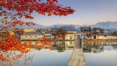 wonderful chinese riverside village hdr - village, autumn, river, tree, hdr, mountains, bridge