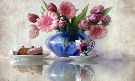 * Soft still life * - soft, tulips, tenderness, still life, spring, cup, cake, pink, flowers