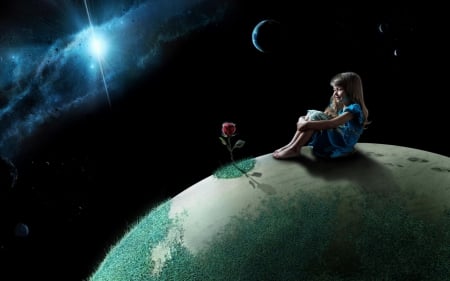 Space fantasy - moon, girl, child, space, black, terra, star, blue, green, planet, flower