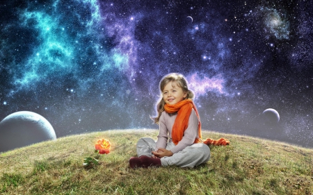 Space fantasy - moon, cosmos, blue, planet, girl, flower, orange, stars, child, space, fantasy, purple, cute, terra