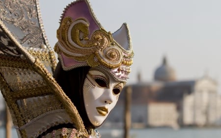 Venice Carnival - mask, glitter, venice, girl, golden, pink, carnival