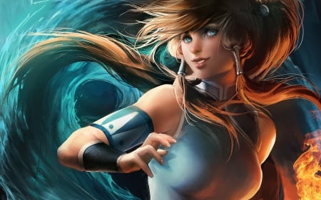 Korra - the last airbender, game, water, spirit, blue, girl, orange, korra, fantasy, the legend of korra, fire, woman