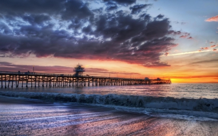 beautiful sea pier in chile hdr - beach, pier, clouds, hdr, sunset, sea, waves