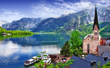 Hallstatt-Austria - sky, houses, boats, water, shore, place, lovely, rocks, village, town, reflection, clouds, beautiful, river, hallstatt, austria