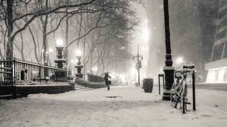 winter evening on a nyc street - street, winter, sidewalk, lights, evening, city, black and whte