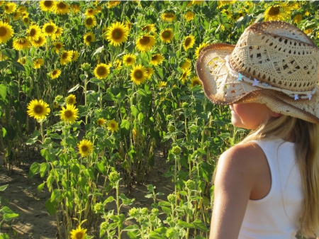 Sunflower Cowgirl - girls, westerns, hats, cowgirls, outdoors, children, fun, sunflowers, female