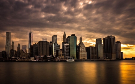 new york city under dark sunset - clouds, river, sunset, skyscrapers, shadows, city