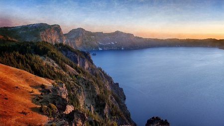 forest on cliffs over crater lake in oregon - crater, lake, clffs, forests