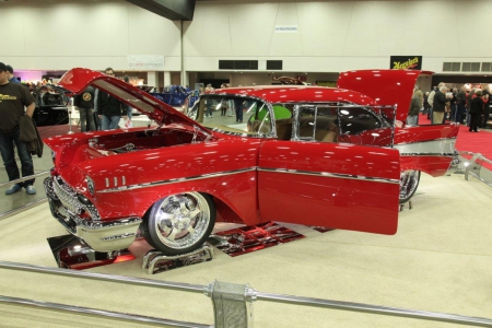 1957 Chevy Hardtop - red, bowtie, chrome, show car