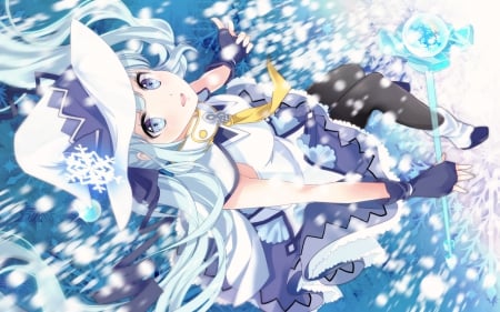 ~Yuki Miku~ - hat, wand, anime, vocaloid, snowflakes, snow, hatsune miku, long hair, yuki miku, gloves