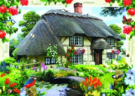 ★River Cottage★ - roses, lovely flowers, birds, rivers, creative pre-made, butterflies, spring, drawings, flowers, butterfly designs, seasons, houses, beautiful, paintings, architecture, cabins, cottages, digital arts, love four seasons, gardening, animals