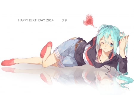 Happy Birthday Miku!! - hatsune miku, blue eyes, long hair, socks, ponytails, blue hair, vocaloid, headphones, anime, wink