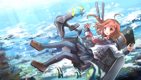 Cool Fish!! - anime, water, skirt, girl, kantai collection, orange eyes, ocean, brown hair, short hair, underwater, bubbles, weapon, fish