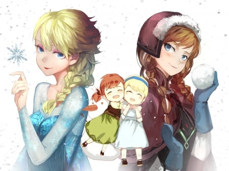 ~Elsa & Anna~ - anime, blonde, animated, movie, princess, friends, royal, blue eyes, queen, snowball, frozen, braids, anna, snowflake, sisters, disney, elsa