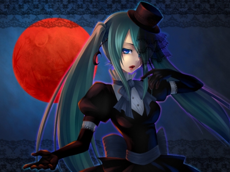 ~Miku's Elegance~ - hatsune miku, hat, blue eyes, red moon, pigtails, elegant, gothic, gloves, vocaloid, anime