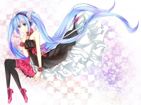 ~Pretty Miku~ - choker, anime, vocaloid, thighhighs, dress, hatsune miku, lovely, long hair, blue hair, lolita fashion, ponytails, headdress