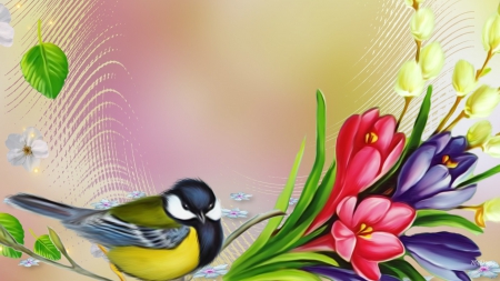 Bird and Crocus - crocus, blossoms, leaves, flowers, spring, bird