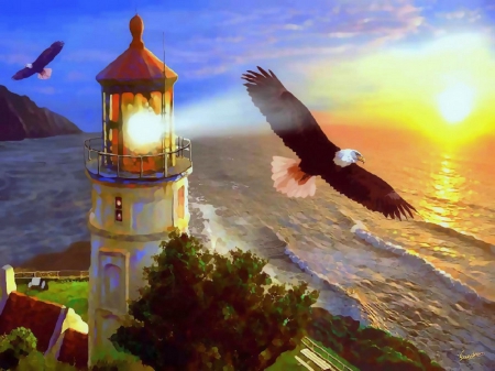 ★Scenic Eagle of Lighting★ - summer, creative pre-made, majestic, flying, lighthouses, seasons, sky, lighting, paintings, digital art, scenic, architecture, all lighthouses, two eagles, love four seasons, eagles, animals