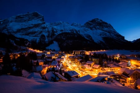 Winter Night - houses, sky, winter, mountains, nature, village, winter time, snow, splendor, snowy, lights