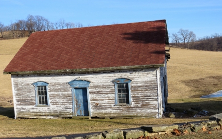 A Little Crooked Shed in Blue - farm, architecture, shed, nostalgic, field, barn, nature