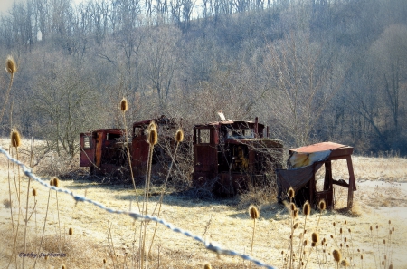 Abandoned Old Train - rust, transportation, field, wire, country, nature, train, locomotive, architecture, barbed wire