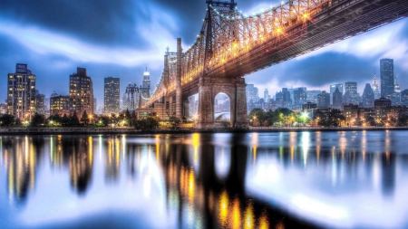 queensboro bridge in nyc at dusk hdr - river, city, hdr, bridge, dusk, lights