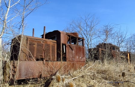 Rust Has The Train Car - train, nature, locomotive, architecture, field, country