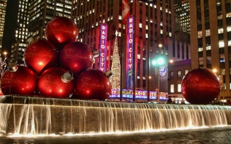 fountain at radio city music hall in nyc - fountain, lights, theater, city, night, art