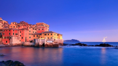 christmas lights at a seaside italian village - village, shore, sea, christmas, lights